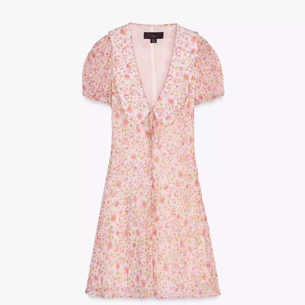Zara Pink Floral Mini Dress with Puff Sleeves